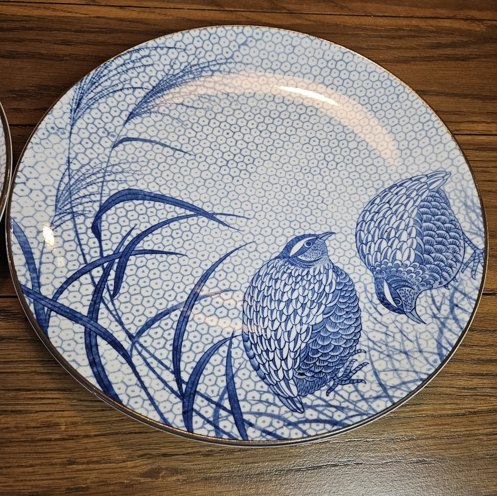 SET OF 2 Large 13" Vintage Japanese Platter Quail Millet Blue White Honeycomb